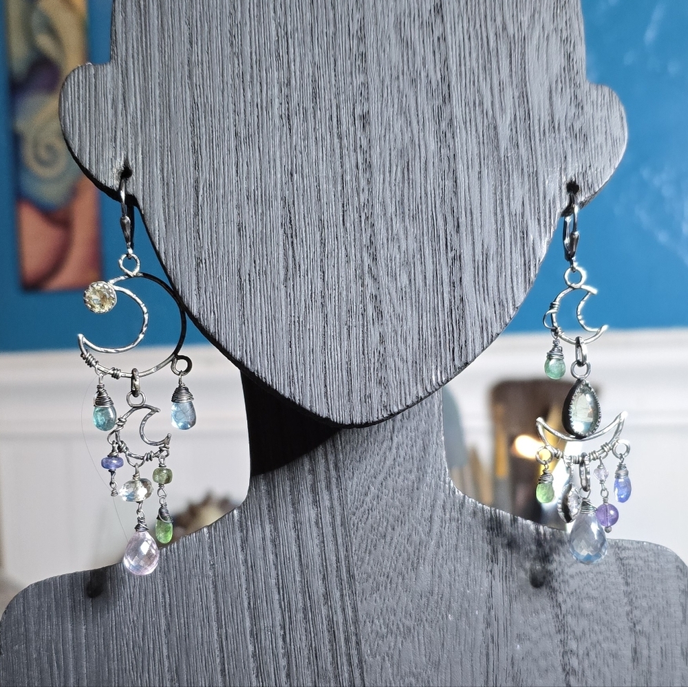 Elegant Silver Moon and Gemstone Earrings